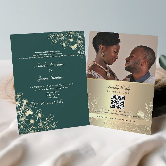 Invitation Gold Emerald Green QR Code Mariage (Créateur téléchargé)