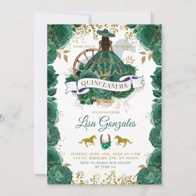 Invitation Gold Emerald Green Rose Western Quinceañera (Devant)