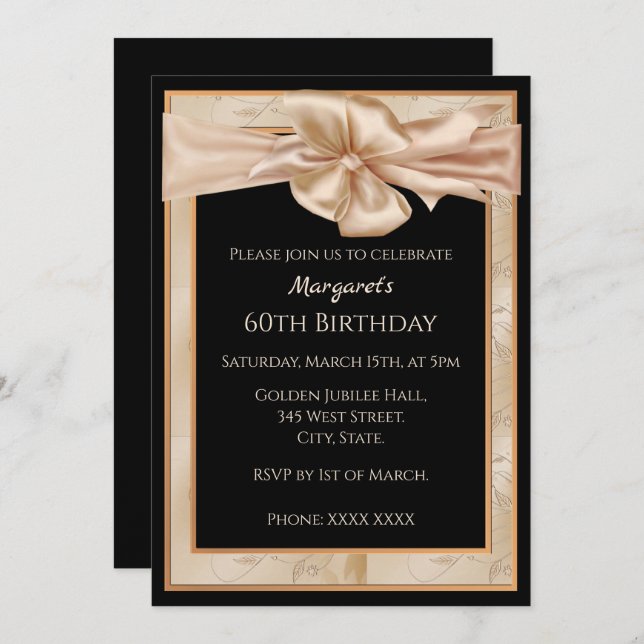 Invitation Gold et Black Elegant 60e anniversaire pour femmes (Devant / Derrière)