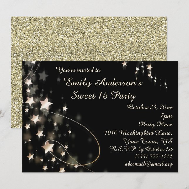 Invitation Gold et Black Hollywood Star Sweet 16 Anniversaire (Devant / Derrière)