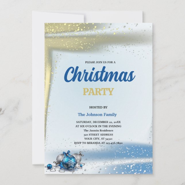 Invitation Gold et bleue Glitter boules NOËL FÊTE  (Devant)