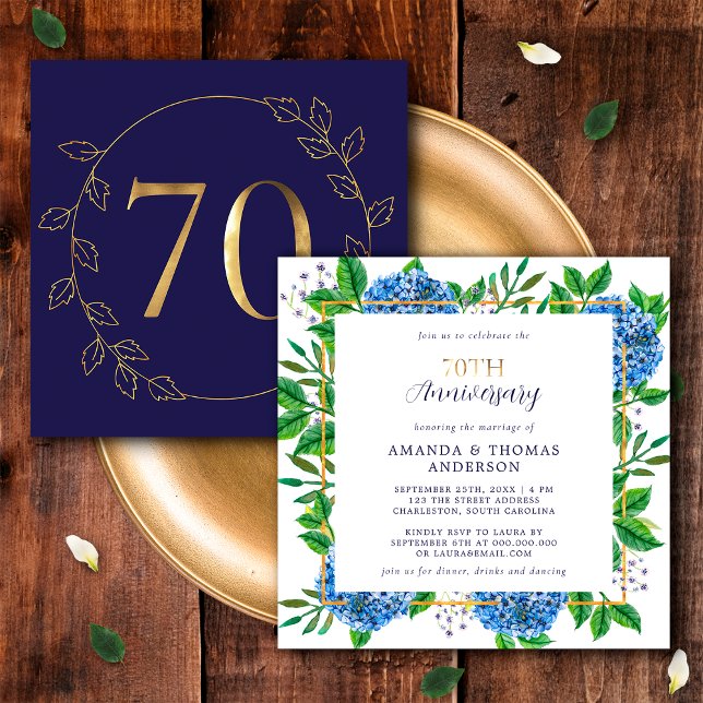 Invitation Gold et Blue Hydrangea 70e anniversaire de Mariage (Front / Back)