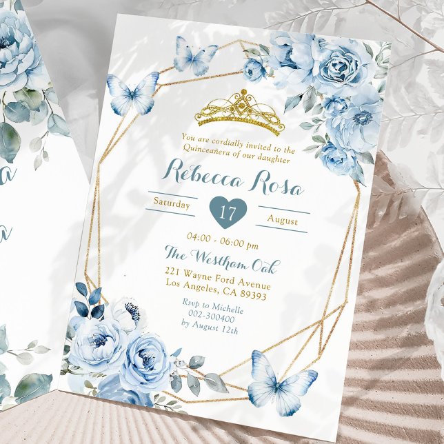 Invitation Gold et Dusty Blue Floral Crown Quinceañera (Créateur téléchargé)