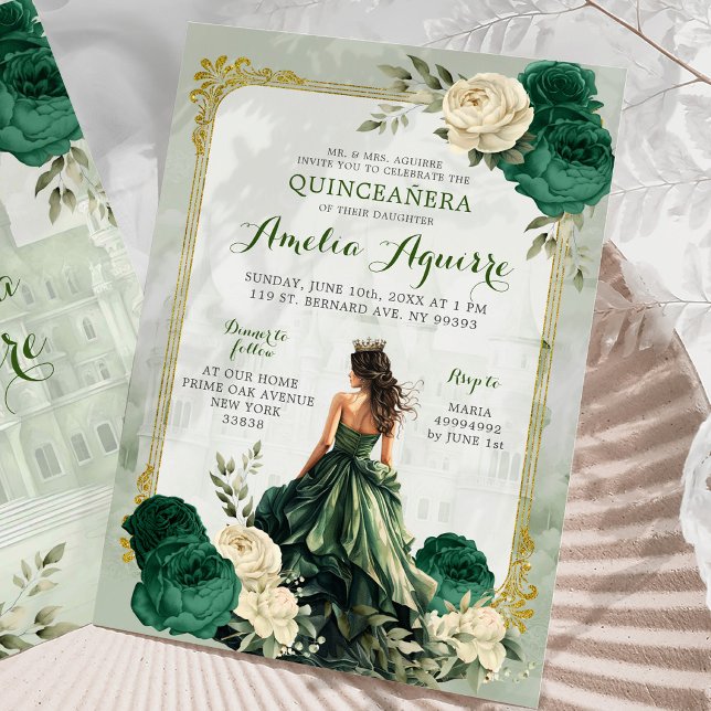 Invitation Gold et Emerald Green Castle Princess Quinceañera (Créateur téléchargé)