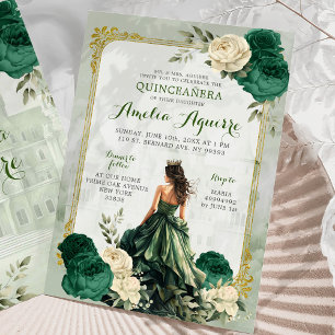 Invitation Gold et Emerald Green Castle Princess Quinceañera