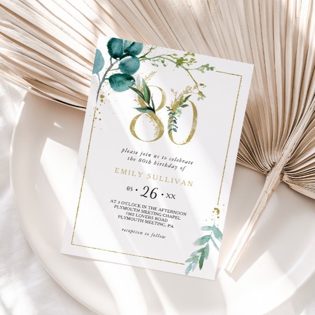 Invitation Gold et Eucalyptus fête du 80e anniversaire (Créateur téléchargé)