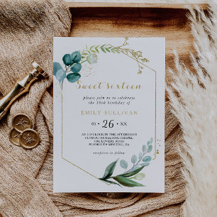 Invitation Gold et Eucalyptus Sweet sixteen fête d'anniversai