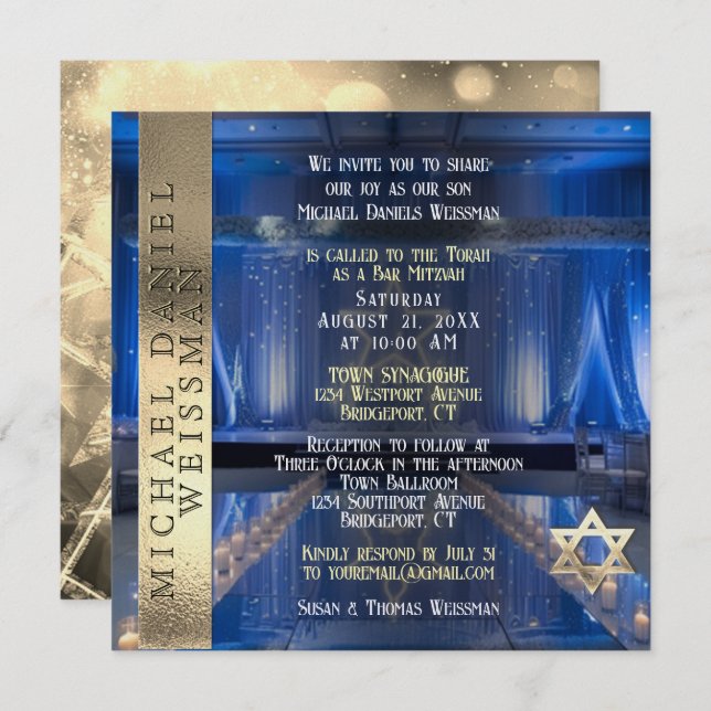Invitation Gold et Navy Blue Bar Mitzvah (Devant / Derrière)