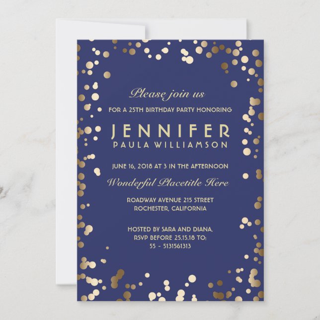 Invitation Gold et Navy Confetti fête d'anniversaire Vintage (Devant)