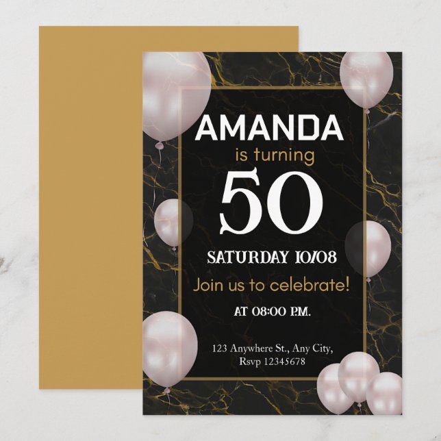 Invitation Gold et noir fête du 50e anniversaire (Devant / Derrière)
