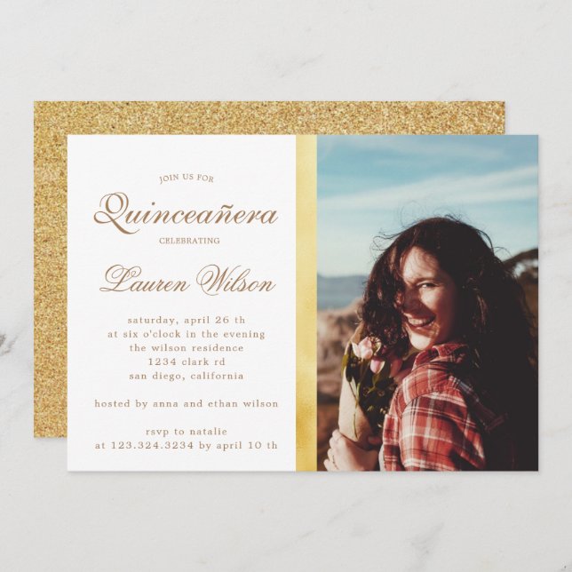 Invitation Gold et parties scintillant Quinceanera Photo Invi (Devant / Derrière)