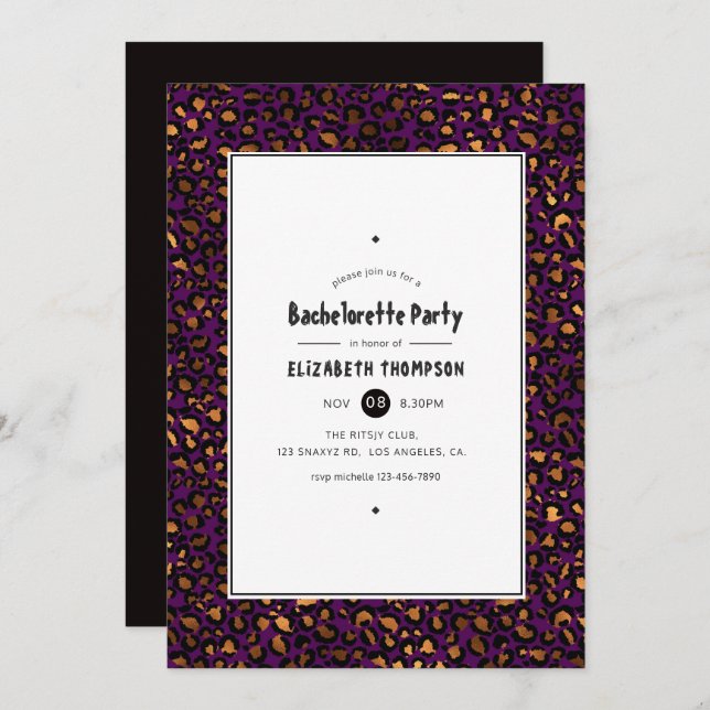 Invitation Gold et Purple Leopard Bachelorette Party (Devant / Derrière)