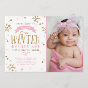 Invitation Gold et rose Winter Onederland 1er Anniversaire Ph