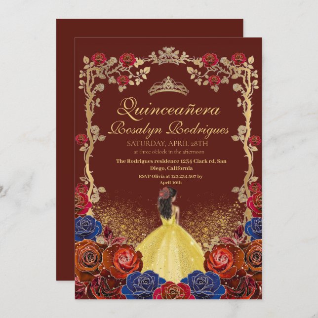 Invitation Gold et Rouge Bourgogne Quinceanera Beauté et le m (Devant / Derrière)