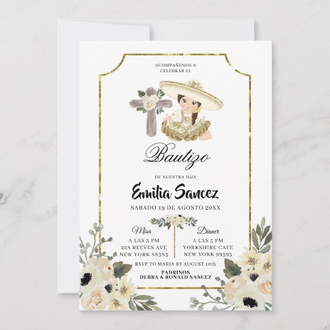 Invitation Gold et White Floral Girl Bautizo Invitacion (Devant)