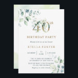 Invitation Gold Eucalyptus Botanical 40e fête d'anniversaire<br><div class="desc">Cette invitation à la fête de 40e anniversaire présente des eucalyptus à l'aquarelle peinte et des feuilles verts avec des numéros d'or botanique.</div>