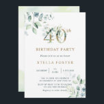 Invitation Gold Eucalyptus Botanical 40e fête d'anniversaire<br><div class="desc">Cette invitation à la fête de 40e anniversaire présente des eucalyptus à l'aquarelle peinte et des feuilles verts avec des numéros d'or botanique.</div>