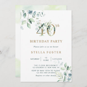 Invitation Gold Eucalyptus Botanical 40th Birthday Party