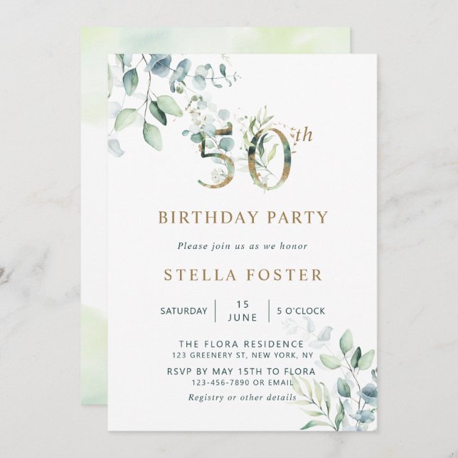 Invitation Gold Eucalyptus Botanical 50th Birthday Party (Devant / Derrière)