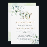 Invitation Gold Eucalyptus Botanical 50th Birthday Party<br><div class="desc">Cette invitation à la fête du 50e anniversaire présente des eucalyptus peints à l'aquarelle et des feuilles verts avec des numéros botaniques en or.</div>