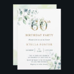 Invitation Gold Eucalyptus Botanical 60e fête d'anniversaire<br><div class="desc">Cette invitation à la fête du 60e anniversaire présente des eucalyptus à l'aquarelle peinte et des feuilles verts avec des numéros d'or botanique.</div>