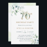 Invitation Gold Eucalyptus Botanical 70e Anniversaire Fête In<br><div class="desc">Cette invitation à la fête de 70e anniversaire présente des eucalyptus à l'aquarelle peinte et des feuilles verts avec des numéros d'or botanique.</div>