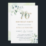 Invitation Gold Eucalyptus Botanical 70th Birthday Party Invi<br><div class="desc">Cette invitation à la fête de 70e anniversaire présente des eucalyptus peints à l'aquarelle et des feuilles verts avec des numéros botaniques en or.</div>