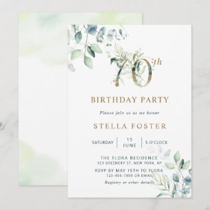 Invitation Gold Eucalyptus Botanical 70th Birthday Party Invi