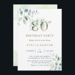 Invitation Gold Eucalyptus Botanical 80e fête d'anniversaire<br><div class="desc">Cette invitation à la fête de 80e anniversaire présente des eucalyptus à l'aquarelle peinte et des feuilles verts avec des numéros d'or botanique.</div>
