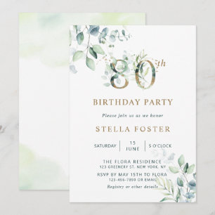 Invitation Gold Eucalyptus Botanical 80e fête d'anniversaire