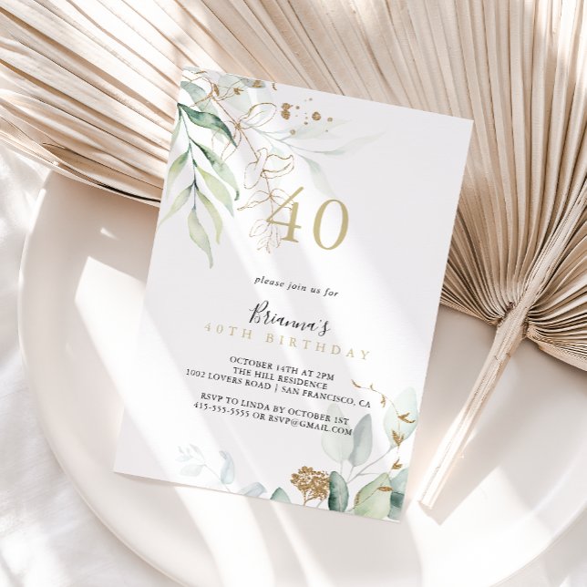 Invitation Gold Eucalyptus Calligraphie 40e fête d'anniversai (Créateur téléchargé)