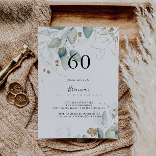 Invitation Gold Eucalyptus Calligraphie 60e fête d'anniversai