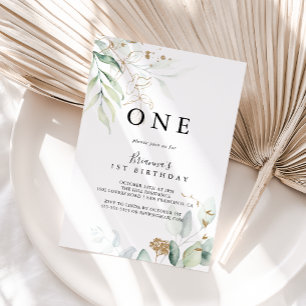 Invitation Gold Eucalyptus Calligraphie Premier anniversaire