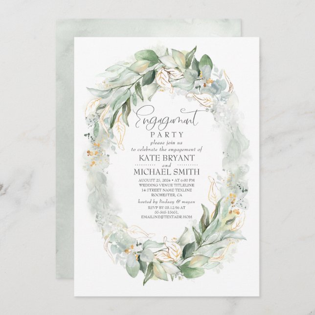 Invitation Gold Eucalyptus Green Wreath Engagement Party (Devant / Derrière)