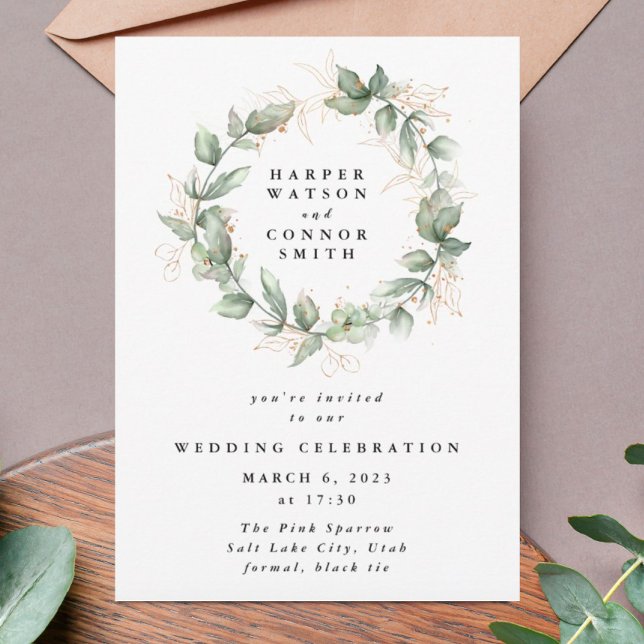 Invitation Gold Eucalyptus Mariage Wreath Verdure Moss Sages (Créateur téléchargé)