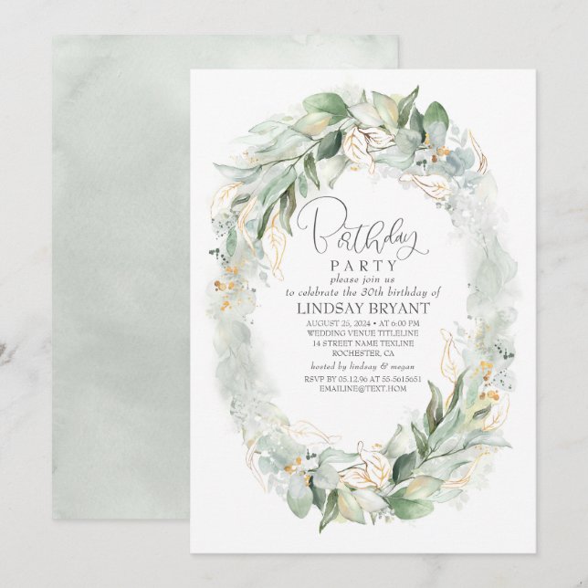 Invitation Gold Eucalyptus Verdure Wreath Boho Anniversaire (Devant / Derrière)