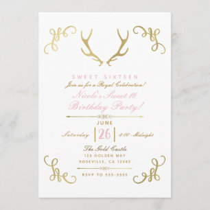 Invitation Gold Faux Foil Rustic Deer Antlers Sweet 16 Party