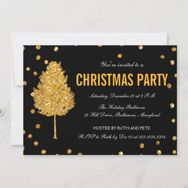 Invitation Gold Faux Parties scintillant Arbre de Noël modern (Devant)