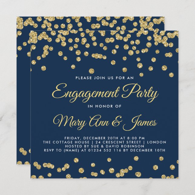 Invitation Gold Faux Parties scintillant Confetti (Devant / Derrière)