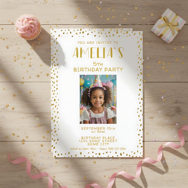 Invitation Gold Faux Parties scintillant Enfants Fille Photo  (Créateur téléchargé)