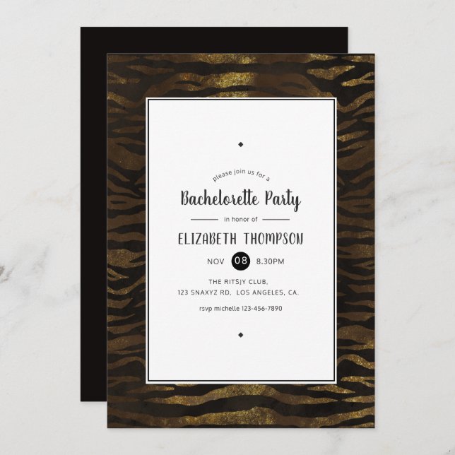Invitation Gold Faux Parties scintillant Jungle Tiger Bachelo (Devant / Derrière)