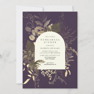 Invitation Gold Fern Green Purple Dîner de répétition Mariage