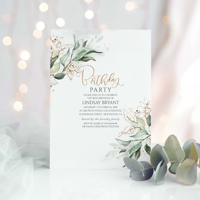 Invitation Gold Feuille Eucalyptus Vert doux Anniversaire (Greenery Birthday Invitation)