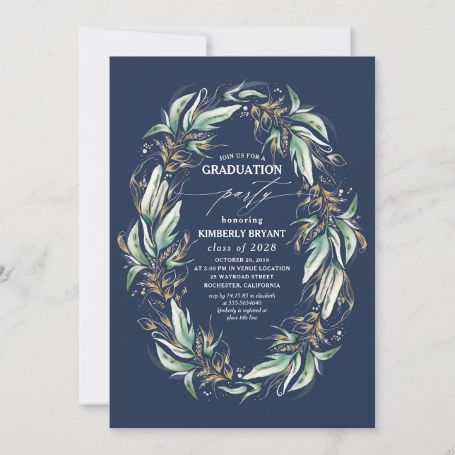 Invitation Gold Feuille Green Wreath Marine Blue Graduation (Devant)