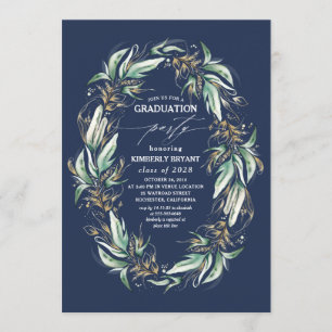 Invitation Gold Feuille Green Wreath Marine Blue Graduation
