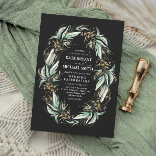 Invitation Gold Feuille verdure Wreath Black Modern Mariage