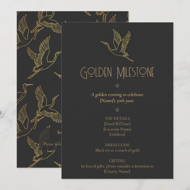 Invitation Gold Filigree Art Deco | Crane 50th Birthday (Devant / Derrière)