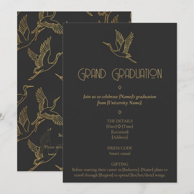 Invitation Gold Filigree Art Deco | Crane Graduation (Devant / Derrière)