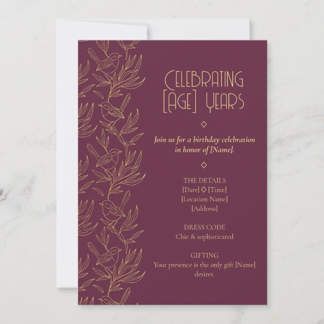 Invitation Gold Filigree Art Deco | Fairy Wren Birthday (Devant)