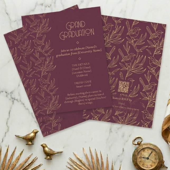 Invitation Gold Filigree Art Deco | Fairy Wren Graduation (Flat Lay)